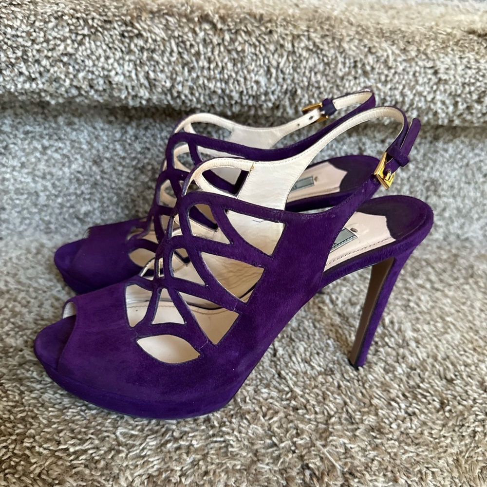 Prada Women’s Purple Suede Lattice Slingback Platform High Heel Sandals - Picture 2 of 12